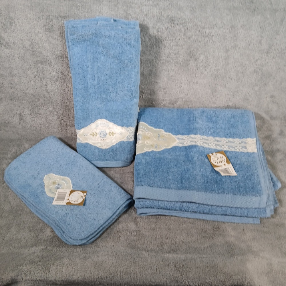 Vintage Royal Terry Pavillion Towel Set Blue Floral Cottagcore Lace Bathroom